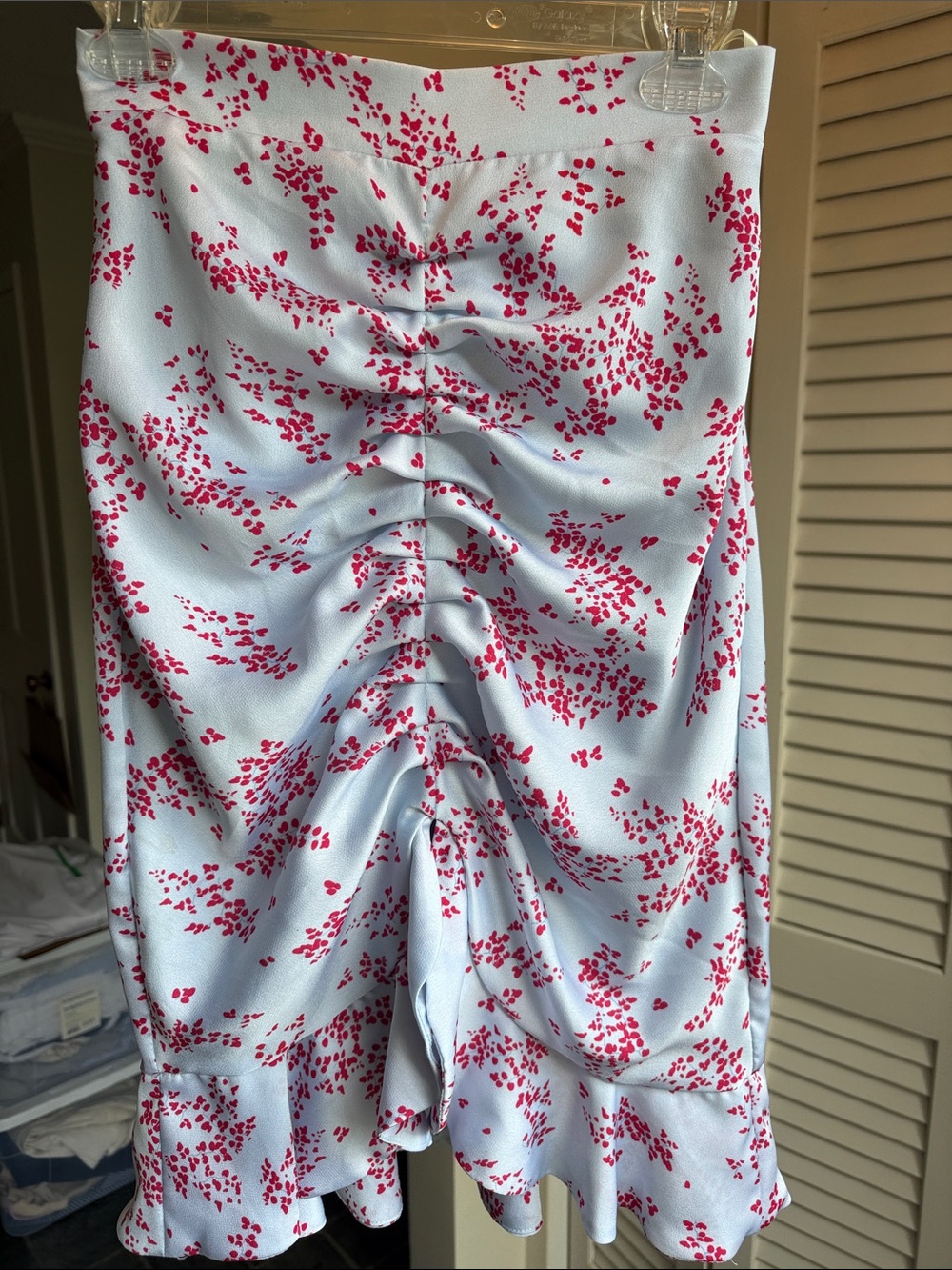 Light Blue Floral Ruched Midi Skirt with Ruffle Hem